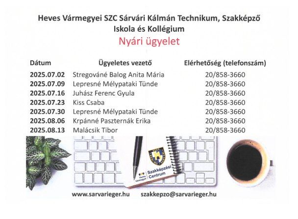 Intézményünk nyári ügyelete