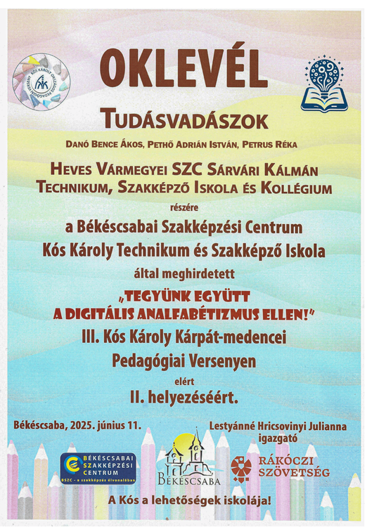 III. KÓS KÁROLY KÁRPÁT-MEDENCEI középiskolák verseny eredményei
