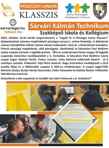 Sárvári Kálmán Technikum tanulóinak sikerei a Pénzügyi Junior Klasszis versenyen!