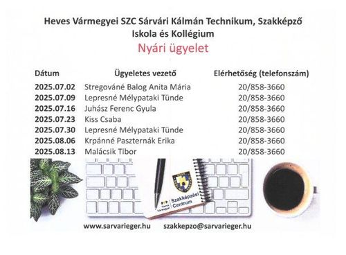 Intézményünk nyári ügyelete